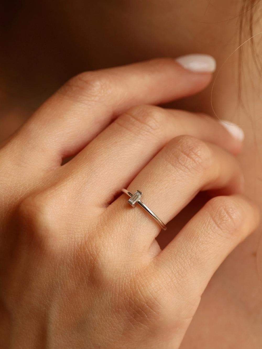 Baguette Ring on hand white gold