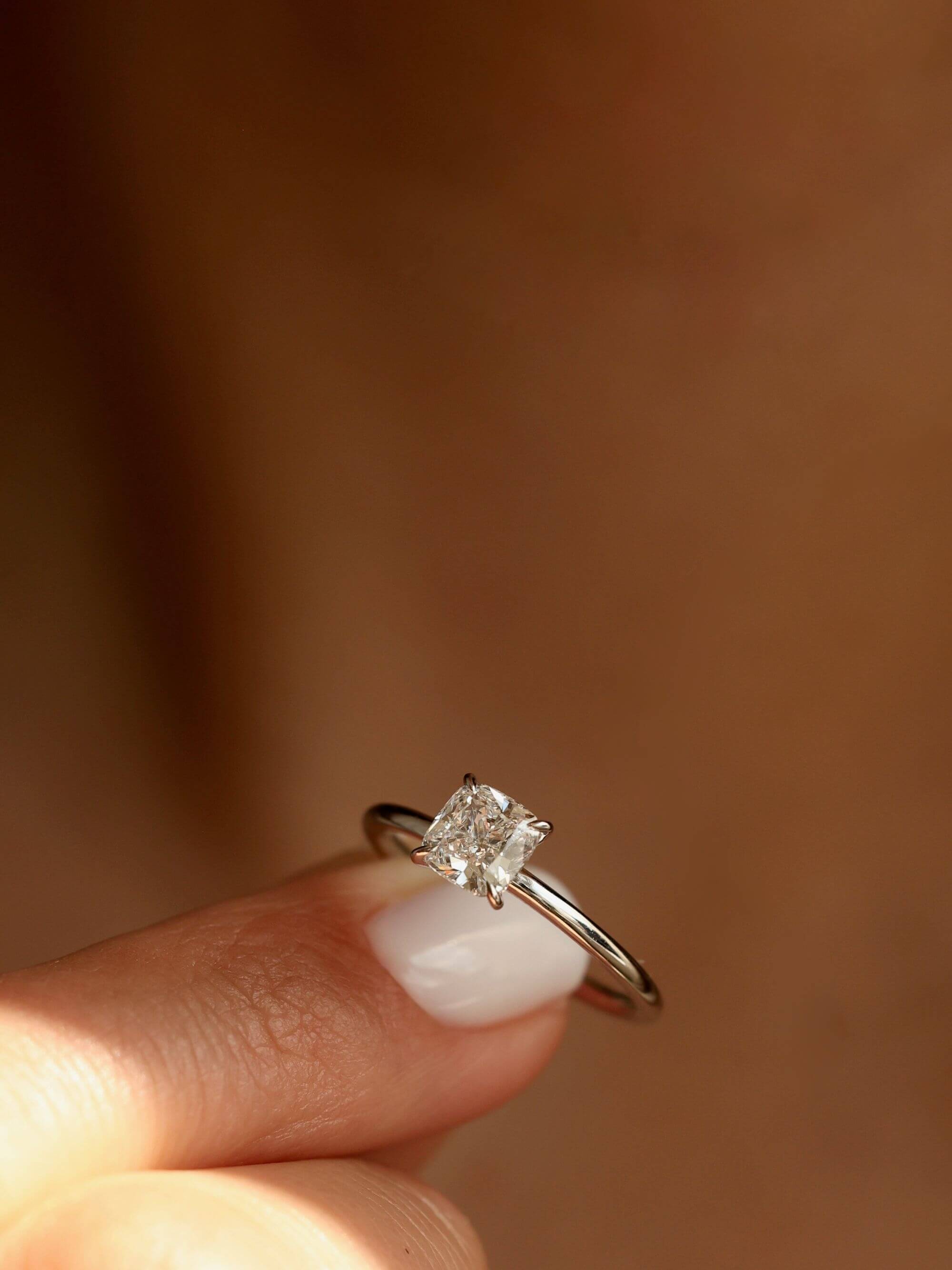 Classic Cushion Cut Ring on finger in white gold v2