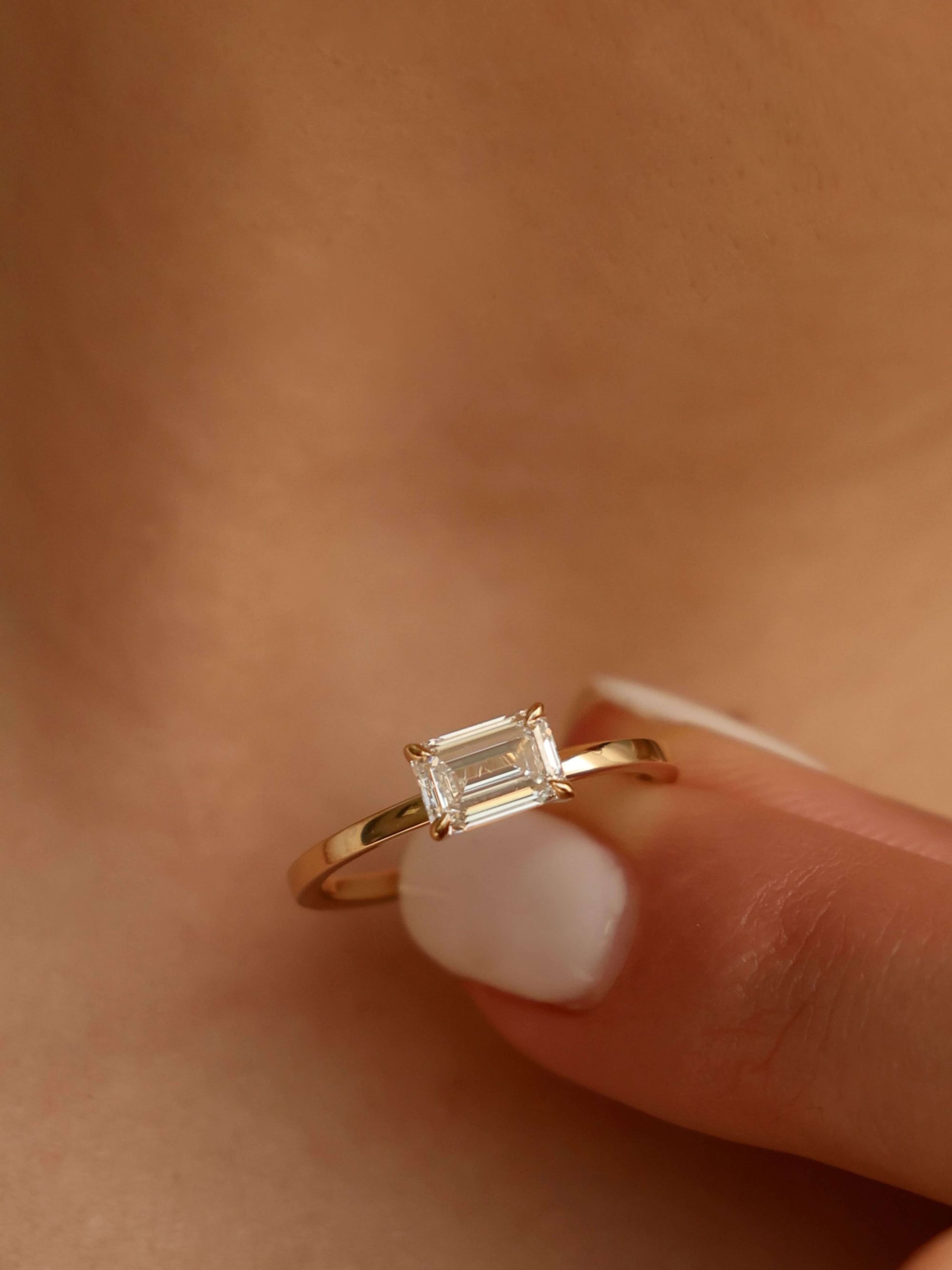 Classic Emerald Cut E-W Ring on finger