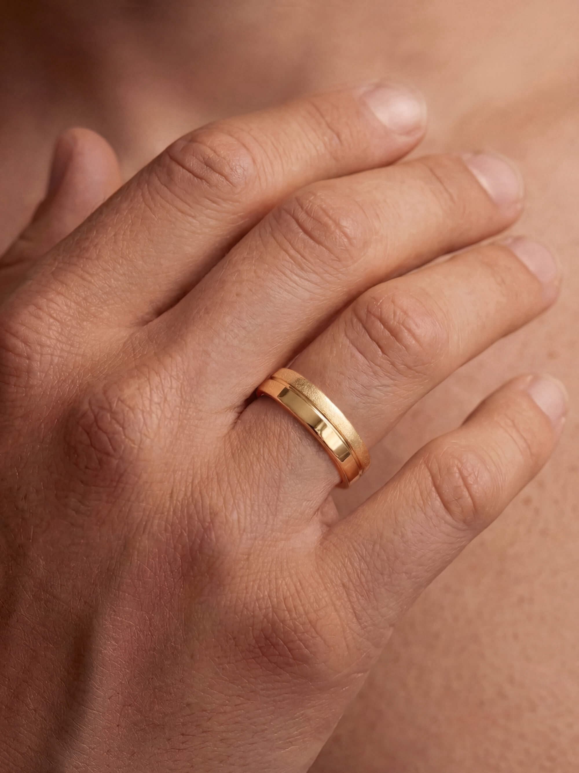 Relief wedding ring on man's hand