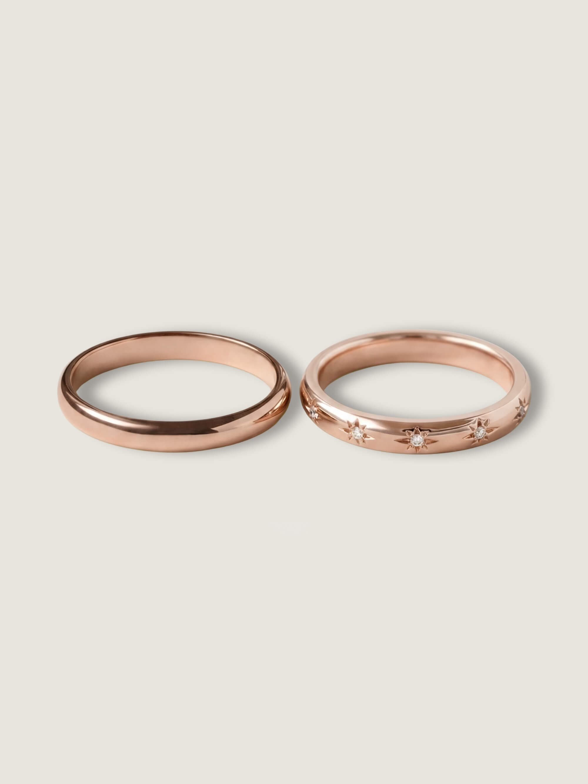 Classic 3 mm half-round and Stella duo wedding rings in rose gold
